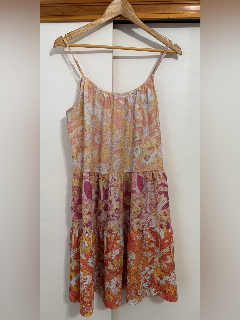 Boho Floral Tiered Spaghetti-Strap Dress in Pink and Orange